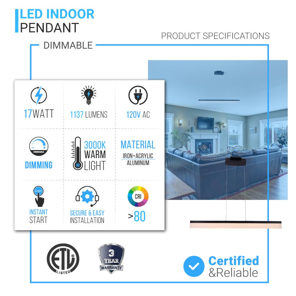 Linear Rectangular Pendant Lighting Fixture, 17W, 3000K (Warm White), 1137LM, Dimension: 36.1''x71''