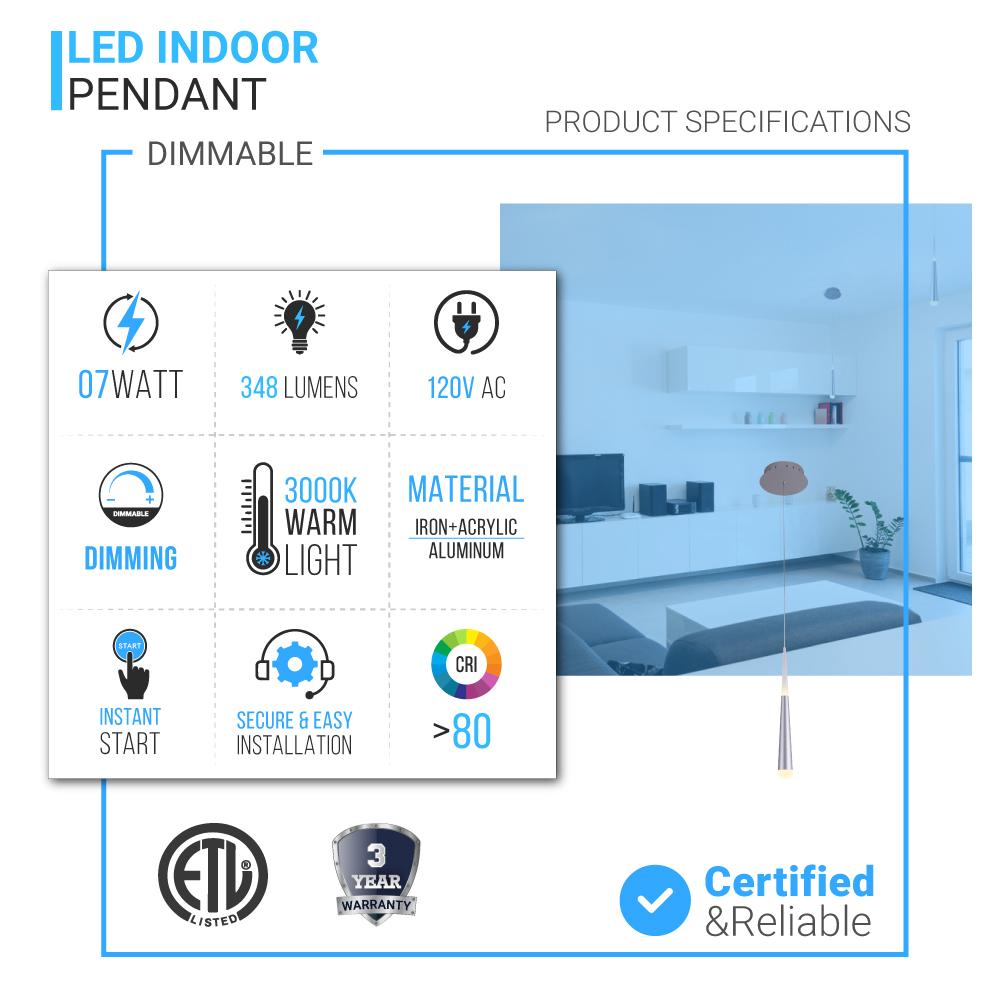 Living Room Pendant For Low Ceiling, 7W, 3000K (Warm White), 348LM, Dimmable, Pendant Mounting