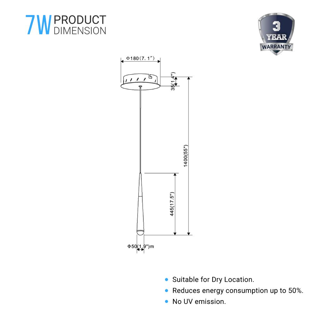 Living Room Pendant For Low Ceiling, 7W, 3000K (Warm White), 348LM, Dimmable, Pendant Mounting