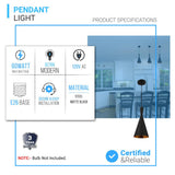 Matte Black Pendant Light Fixture, Subulate Style, E26 Base, Steel Body, UL Listed