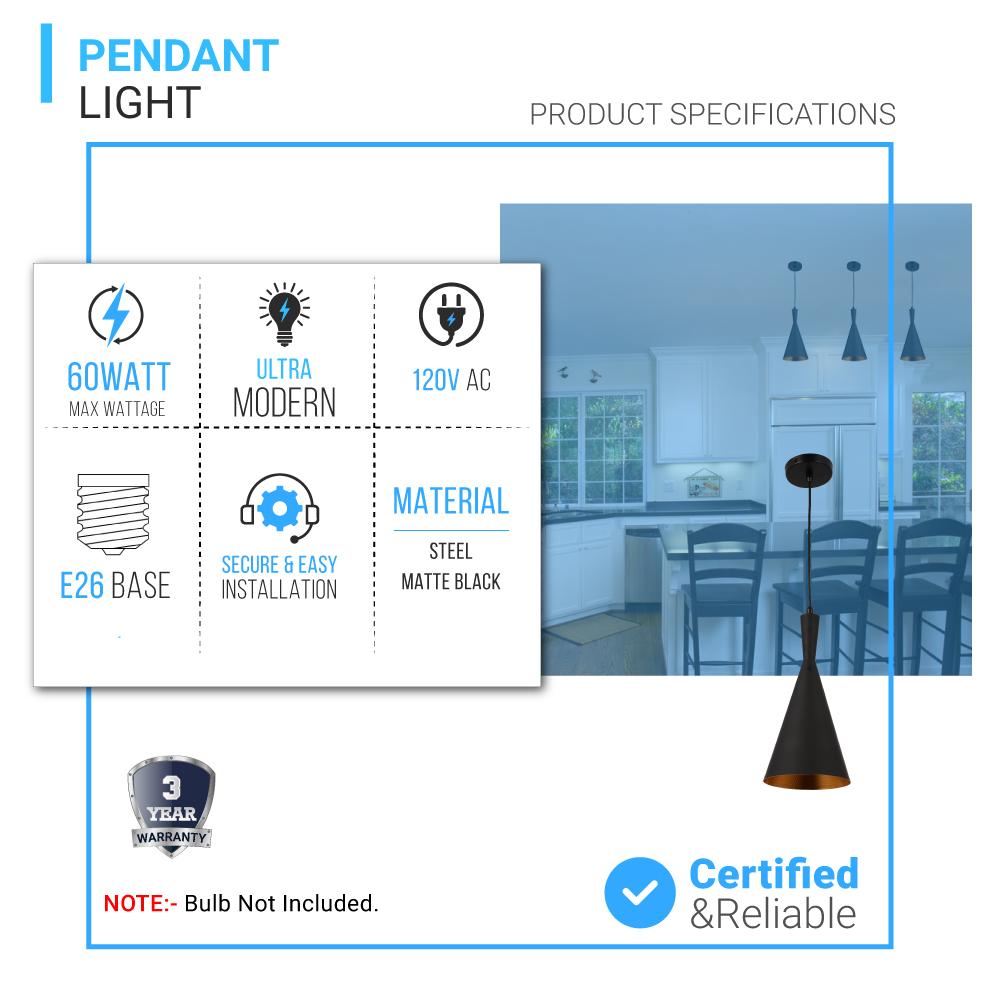 Matte Black Pendant Light Fixture, Subulate Style, E26 Base, Steel Body, UL Listed