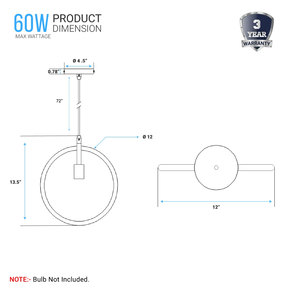 Matte Black Ring Shape Pendant Light Fixture, E26 Base, UL Listed for Dry Location, Fixture Size: D12 x H13.5 Inch
