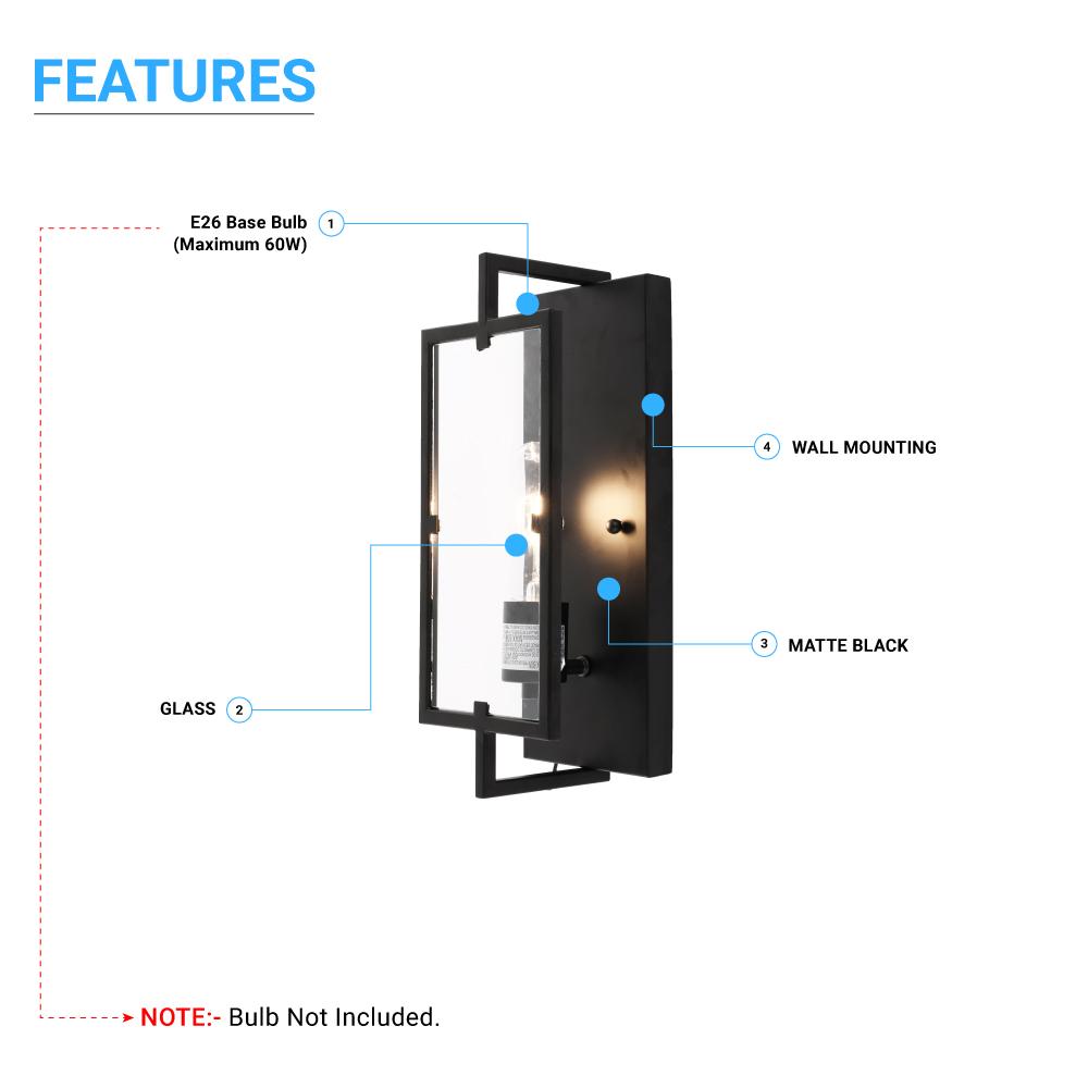 Matte Black Wall Sconce Light, UL Listed for Damp Location, E26 Base, 3 Years Warranty, Hallway Light Fixtures