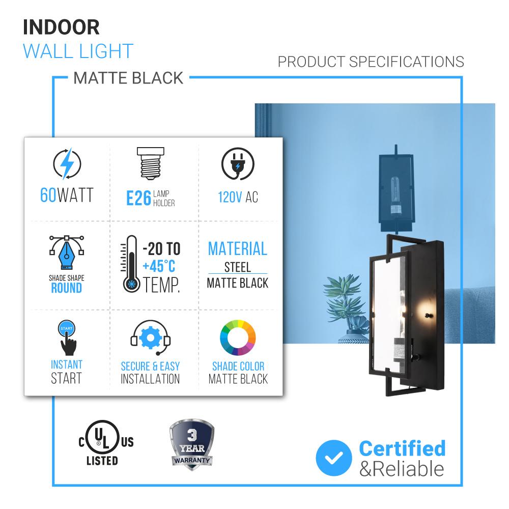 Matte Black Wall Sconce Light, UL Listed for Damp Location, E26 Base, 3 Years Warranty, Hallway Light Fixtures