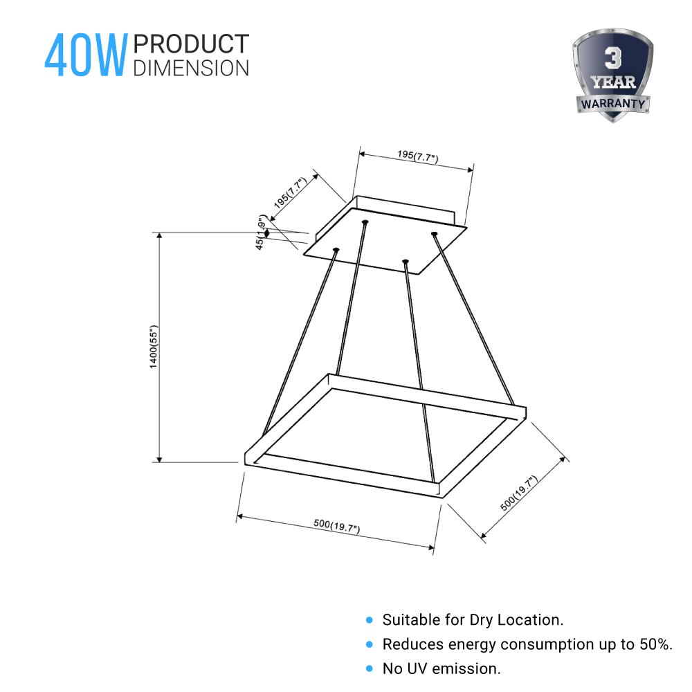 Modern 1-Square Chandelier Lighting, 40W, 3000K,1917LM, Dimmable, Dimension : 19.7'L'×19.7'W'×55''H