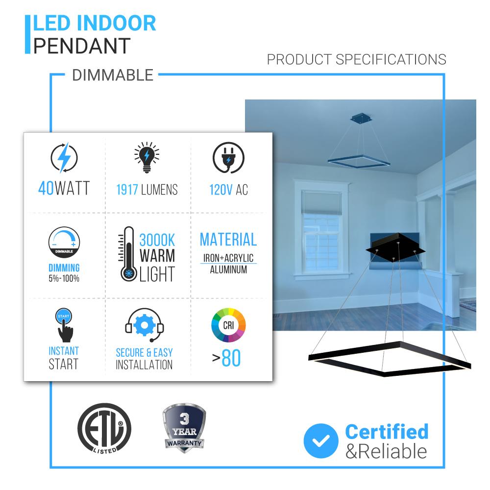 Modern 1-Square Chandelier Lighting, 40W, 3000K,1917LM, Dimmable, Dimension : 19.7'L'×19.7'W'×55''H