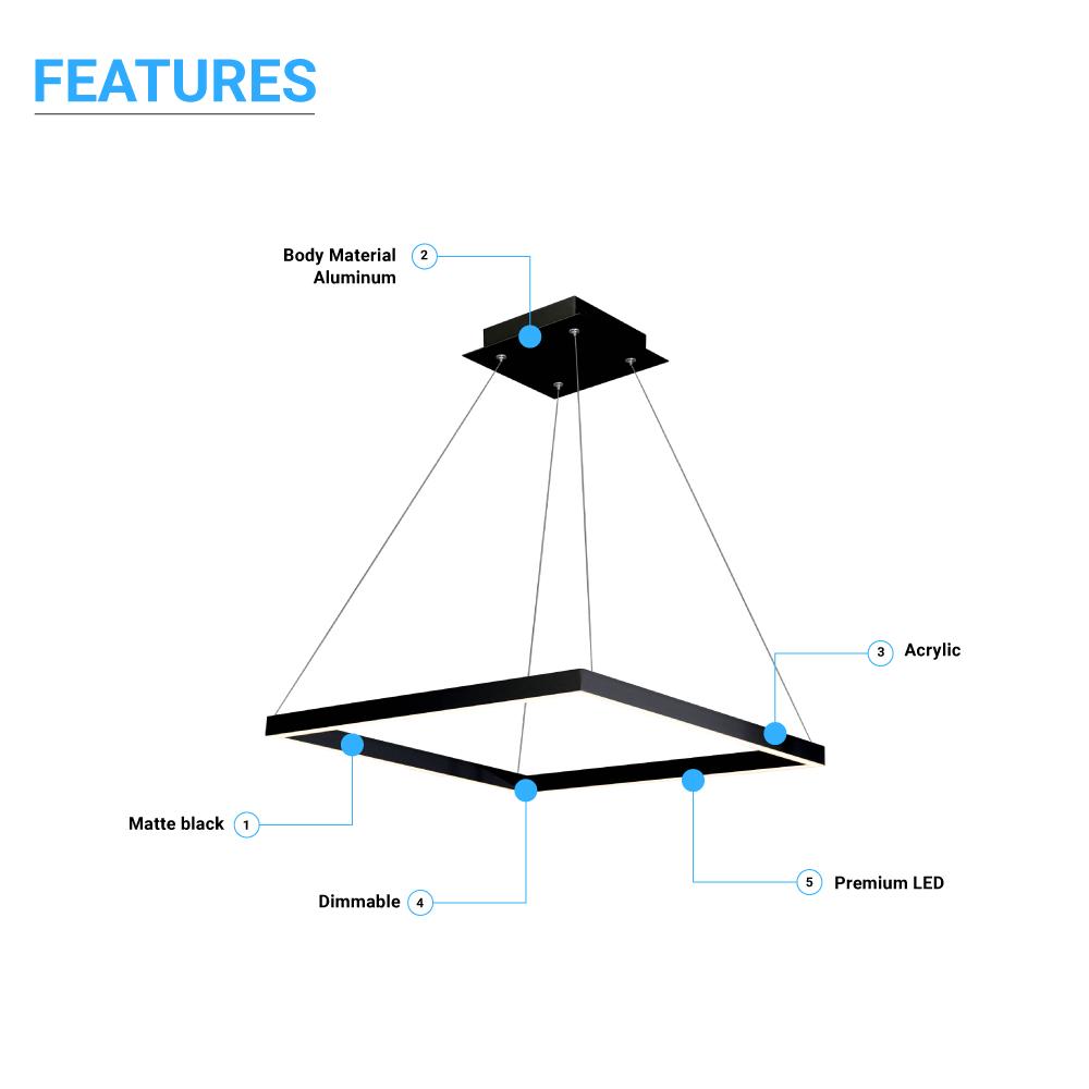 Modern 1-Square Chandelier Lighting, 40W, 3000K,1917LM, Dimmable, Dimension : 19.7'L'×19.7'W'×55''H
