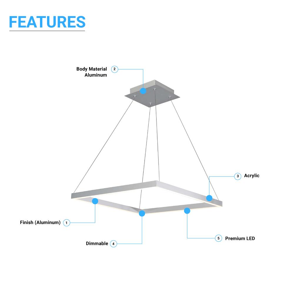 Modern 1-Square Chandelier Lighting, 40W, 3000K,1917LM, Dimmable, Dimension : 19.7'L'×19.7'W'×55''H