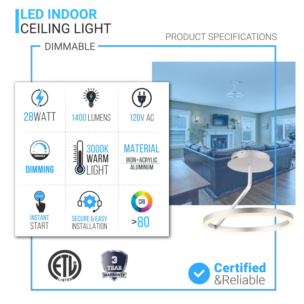 Modern Circular Ceiling Lights, 28W, 3000K (Warm white), 1400LM, Dimmable, Aluminum Body Finish, 3 Year Warranty