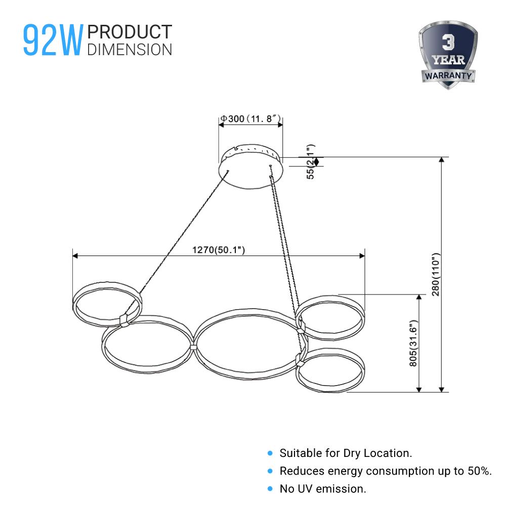 Modern Circular Chandelier, 5-Light, 92W, 3000K (Warm White), 3677 Lumens, Wheel Chandelier, Dimension: 50.1''x31.6''x110''