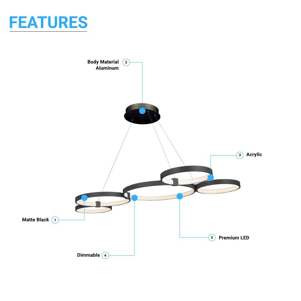 Modern Circular Chandelier, 5-Light, 92W, 3000K (Warm White), 3677 Lumens, Wheel Chandelier, Dimension: 50.1''x31.6''x110''