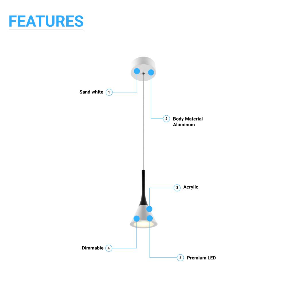 Modern Cone Pendant Lighting, 7W, 3000K, 340LM, Sand white Body Finish, Dimmable, 1-Light