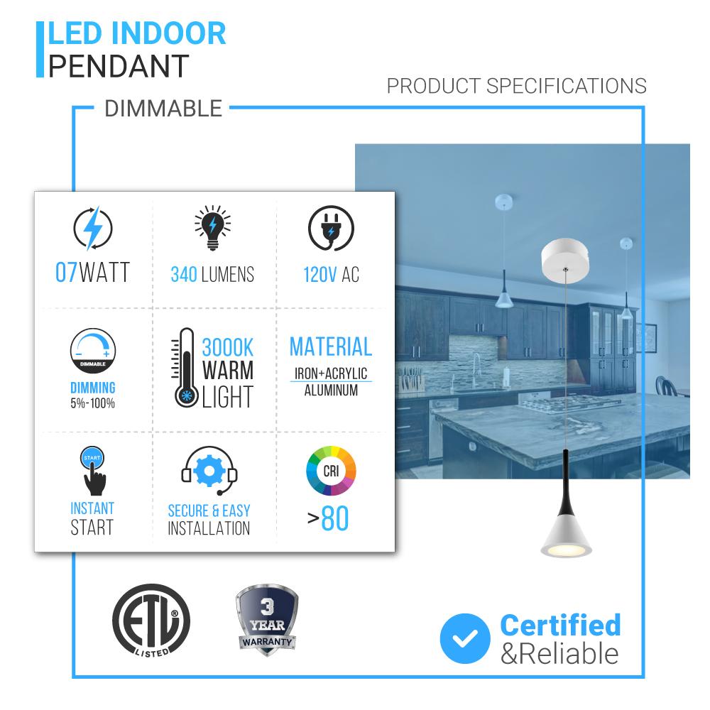 Modern Cone Pendant Lighting, 7W, 3000K, 340LM, Sand white Body Finish, Dimmable, 1-Light