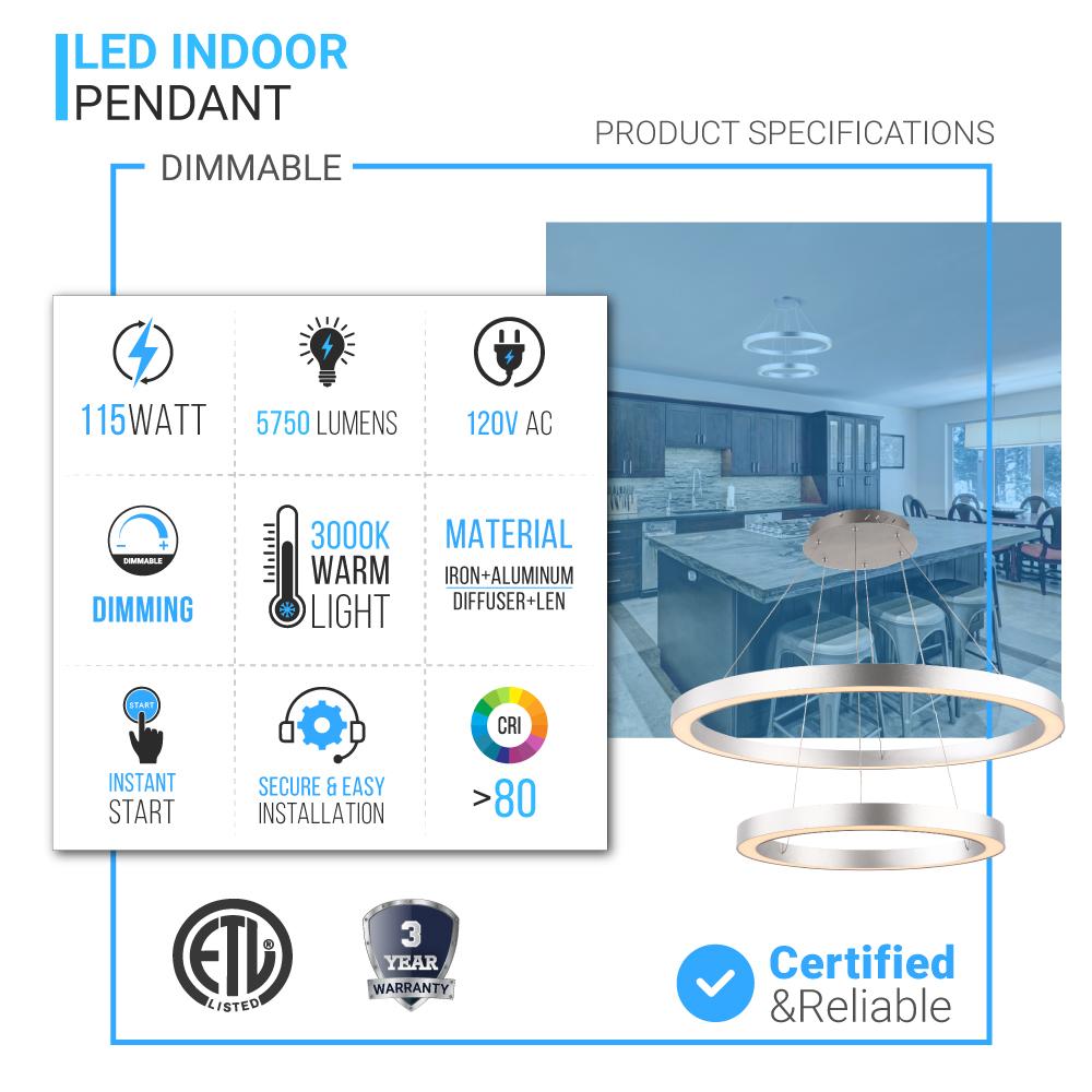 Modern - Double Ring Chandelier With Unique Shade, 115W, 3000K, 5750LM, Dimmable, Pendant Mounting, Aluminum Body Finish