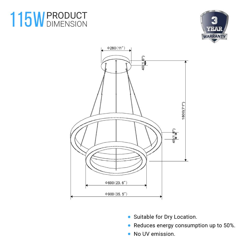 Modern - Double Ring Chandelier With Unique Shade, 115W, 3000K, 5750LM, Dimmable, Pendant Mounting, Aluminum Body Finish
