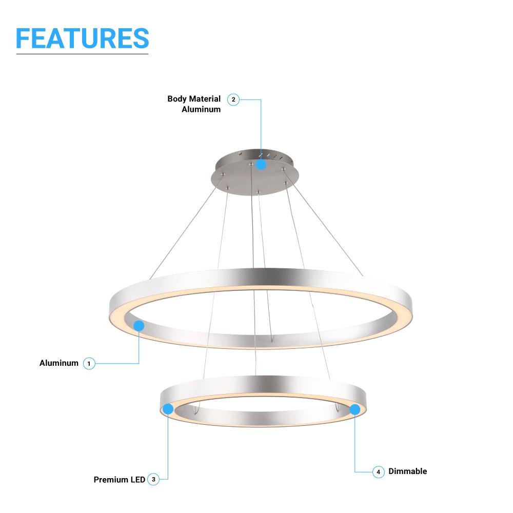 Modern - Double Ring Chandelier With Unique Shade, 115W, 3000K, 5750LM, Dimmable, Pendant Mounting, Aluminum Body Finish