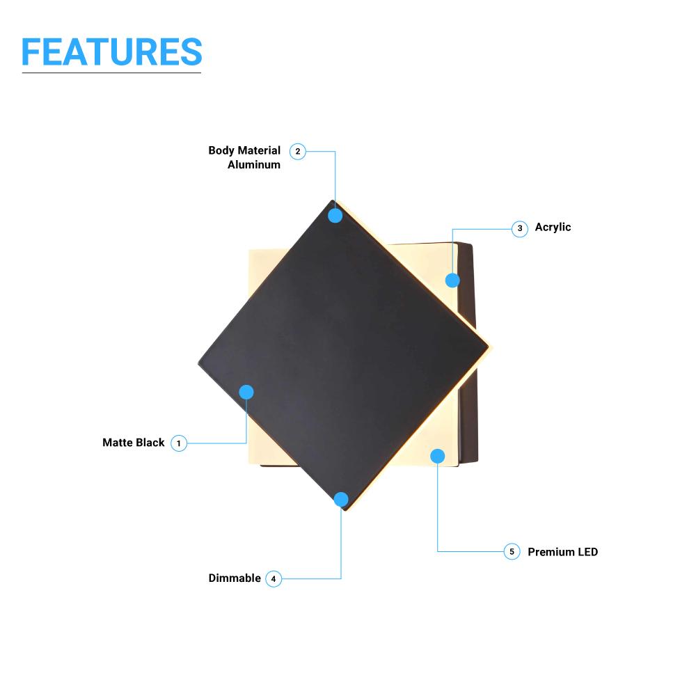 Modern Square LED Wall Sconce, 9W, 3000K, 338LM, CRI: 80+, Dimmable, Dimension: 6.7 x 2.1 x 6.7 Inch