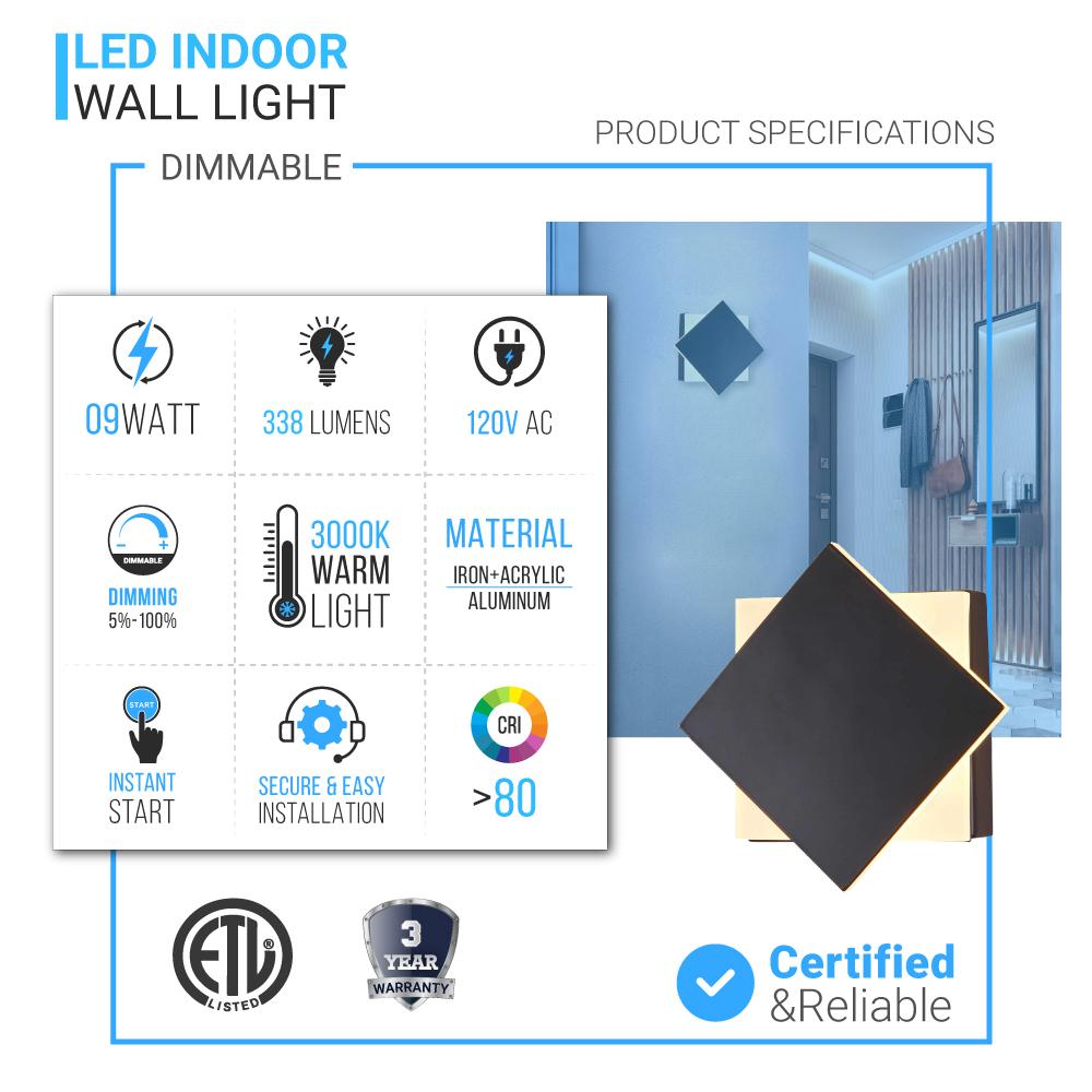 Modern Square LED Wall Sconce, 9W, 3000K, 338LM, CRI: 80+, Dimmable, Dimension: 6.7 x 2.1 x 6.7 Inch