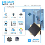 Modern Square LED Wall Sconce, 9W, 3000K, 338LM, CRI: 80+, Dimmable, Dimension: 6.7 x 2.1 x 6.7 Inch