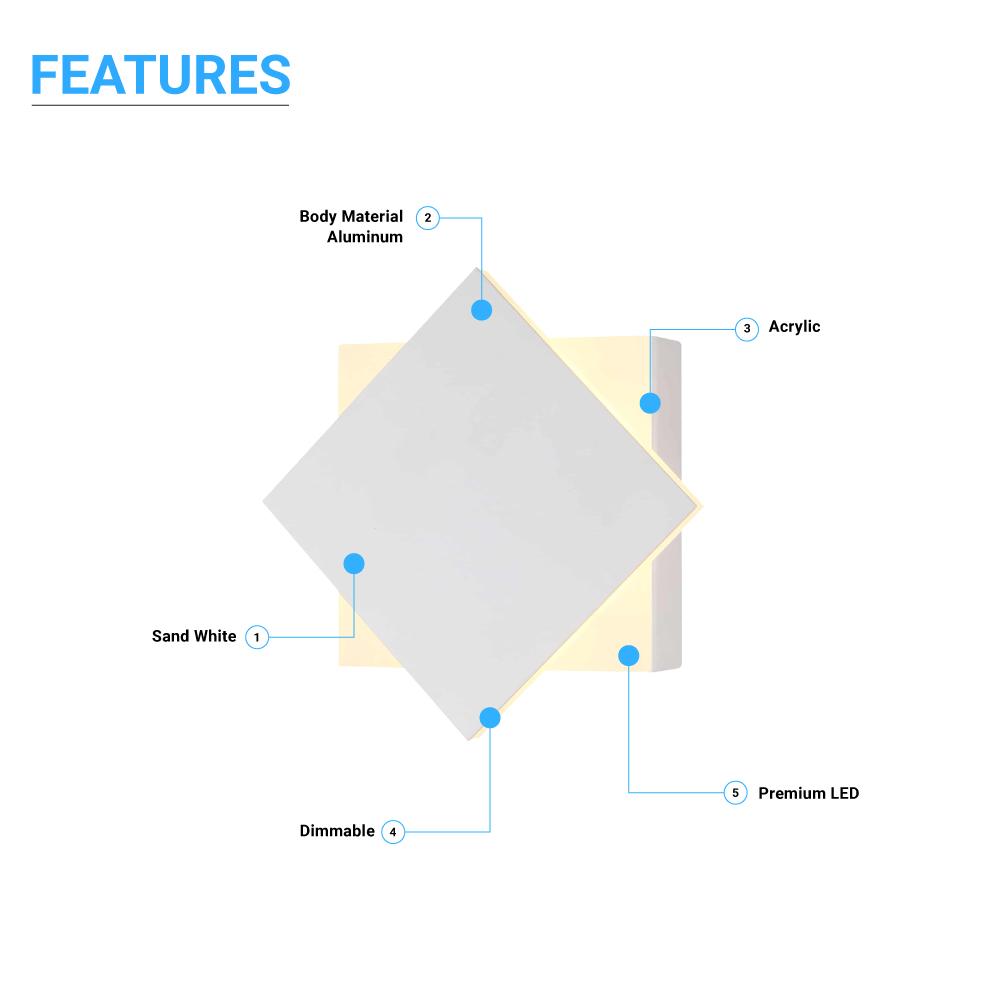 Modern Square LED Wall Sconce, 9W, 3000K, 338LM, CRI: 80+, Dimmable, Dimension: 6.7 x 2.1 x 6.7 Inch