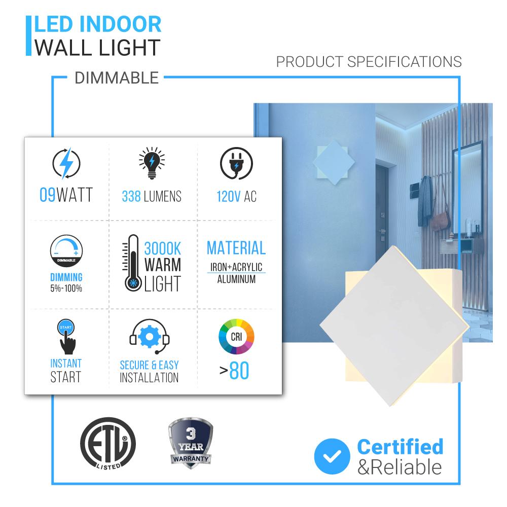 Modern Square LED Wall Sconce, 9W, 3000K, 338LM, CRI: 80+, Dimmable, Dimension: 6.7 x 2.1 x 6.7 Inch