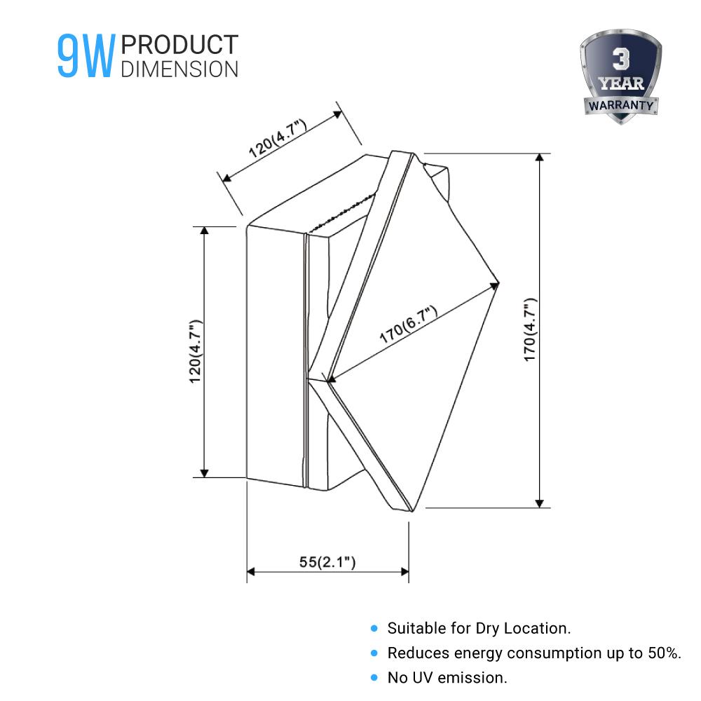Modern Square LED Wall Sconce, 9W, 3000K, 338LM, CRI: 80+, Dimmable, Dimension: 6.7 x 2.1 x 6.7 Inch