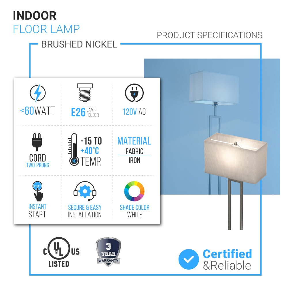 Modern Standing Floor Lamps for Living Room 61-inch Brushed Nickel & Straight Rectangular Pure White Linen Shade, With 1PCS ON-OFF Switch,  Corner Floor Lamp