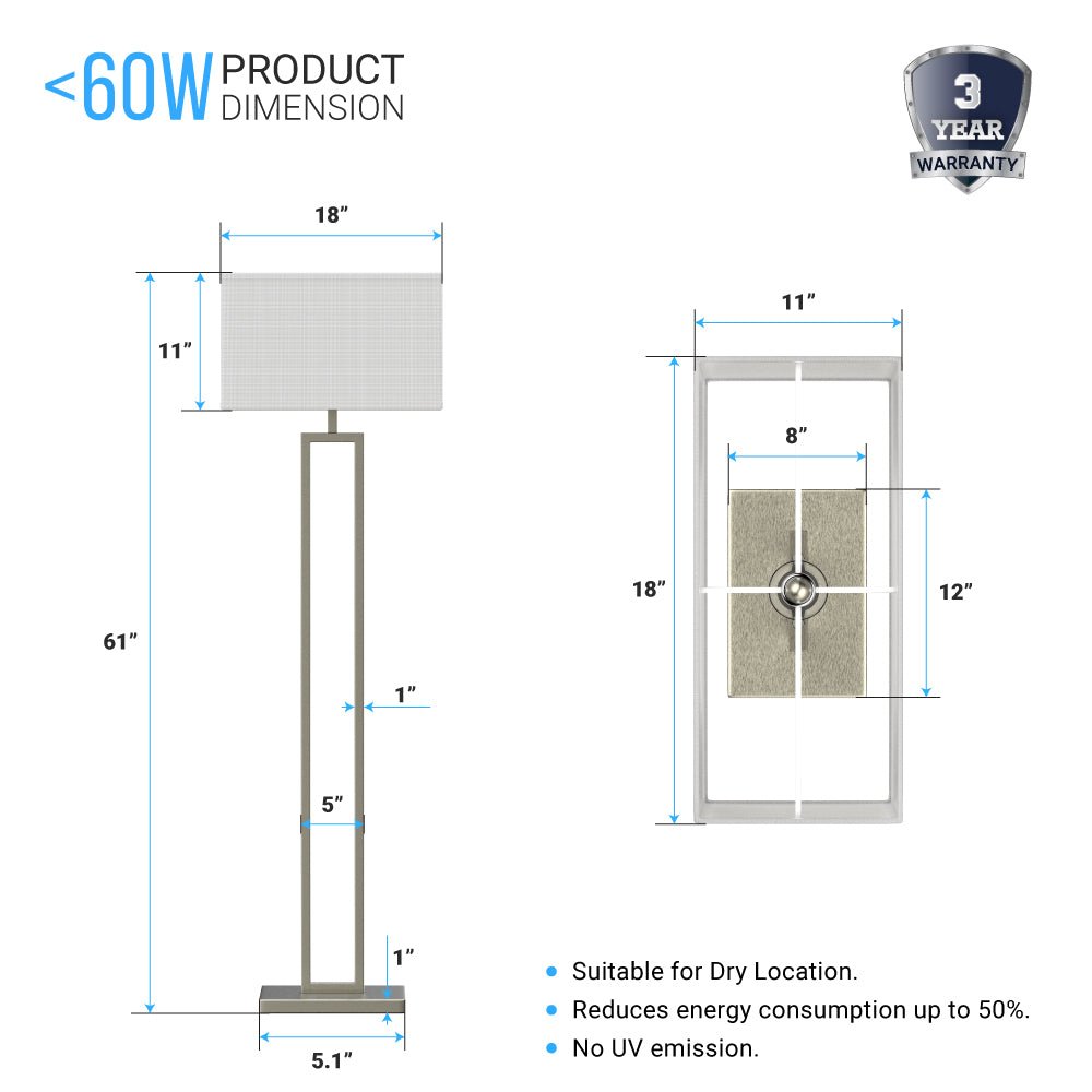 Modern Standing Floor Lamps for Living Room 61-inch Brushed Nickel & Straight Rectangular Pure White Linen Shade, With 1PCS ON-OFF Switch,  Corner Floor Lamp