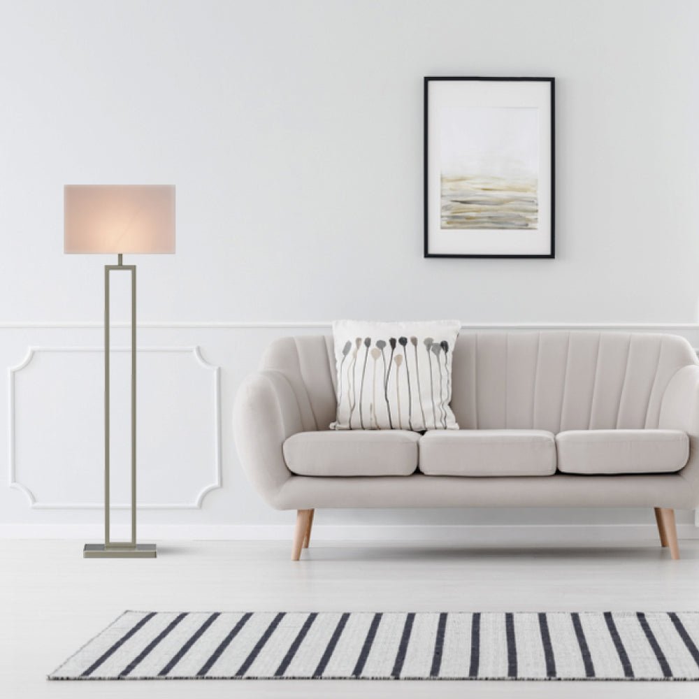 Modern Standing Floor Lamps for Living Room 61-inch Brushed Nickel & Straight Rectangular Pure White Linen Shade, With 1PCS ON-OFF Switch,  Corner Floor Lamp