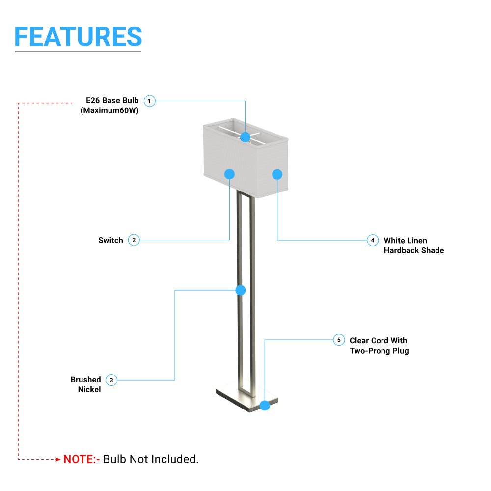 Modern Standing Floor Lamps for Living Room 61-inch Brushed Nickel & Straight Rectangular Pure White Linen Shade, With 1PCS ON-OFF Switch,  Corner Floor Lamp