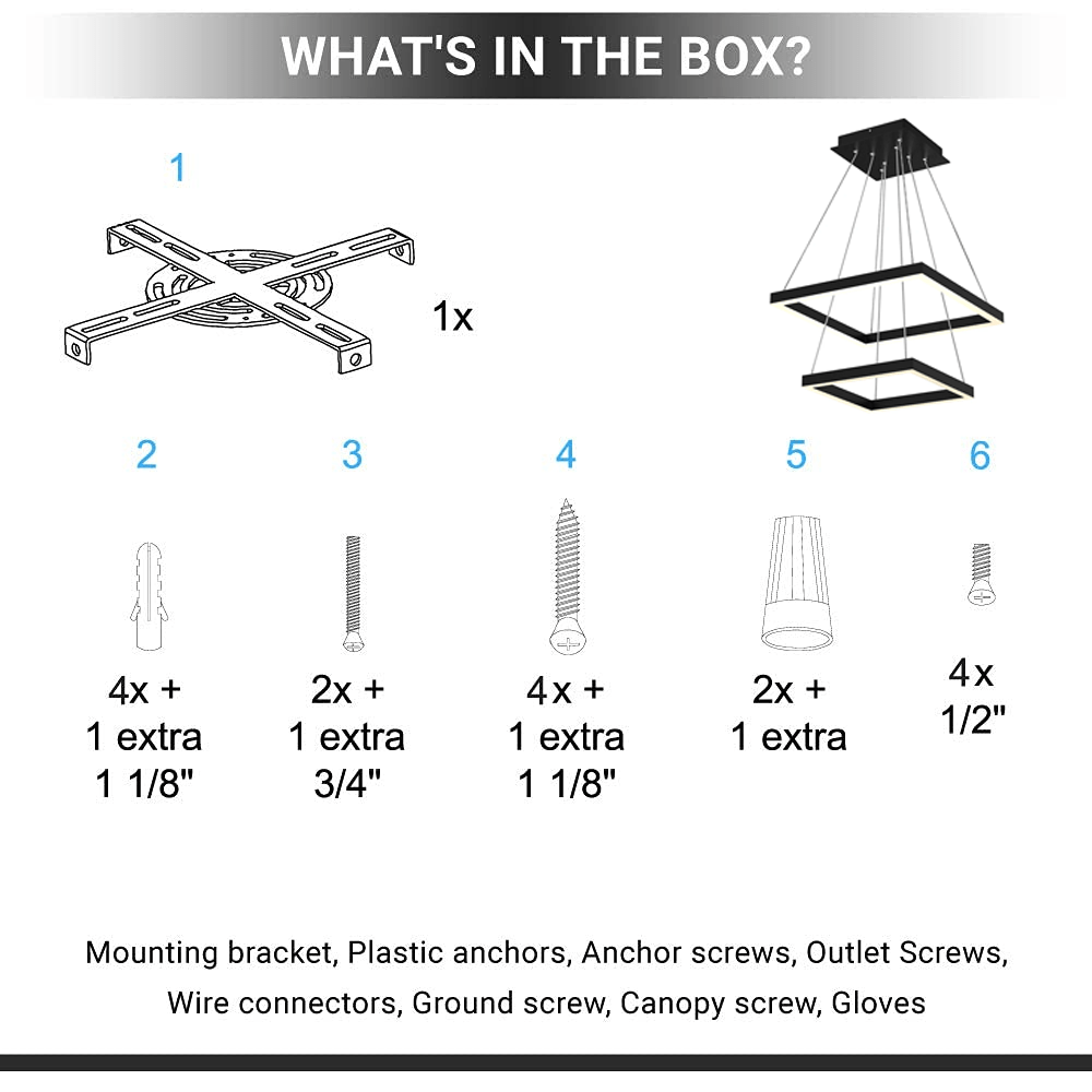 Modern Two-Tier Square Chandelier Lighting, 54W, 3000K, 3016LM, Dimension : 19.7''L×19.7''W×55''H