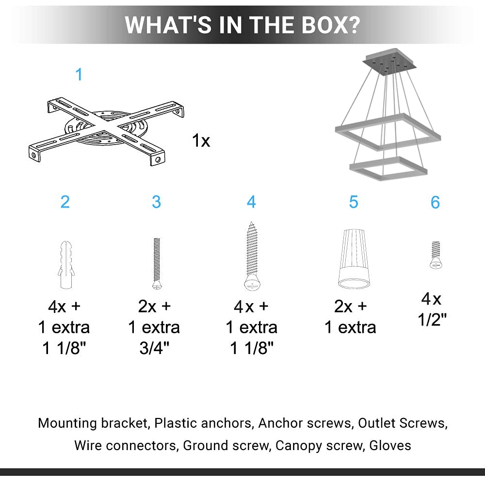 Modern Two-Tier Square Chandelier Lighting, 54W, 3000K, 3016LM, Dimension : 19.7''L×19.7''W×55''H