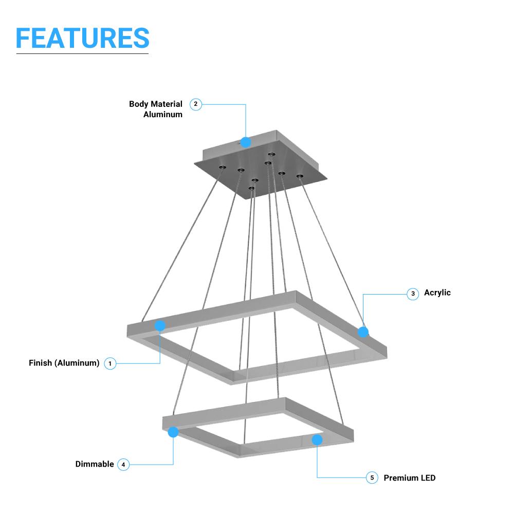 Modern Two-Tier Square Chandelier Lighting, 54W, 3000K, 3016LM, Dimension : 19.7''L×19.7''W×55''H
