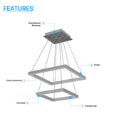 Modern Two-Tier Square Chandelier Lighting, 54W, 3000K, 3016LM, Dimension : 19.7''L×19.7''W×55''H