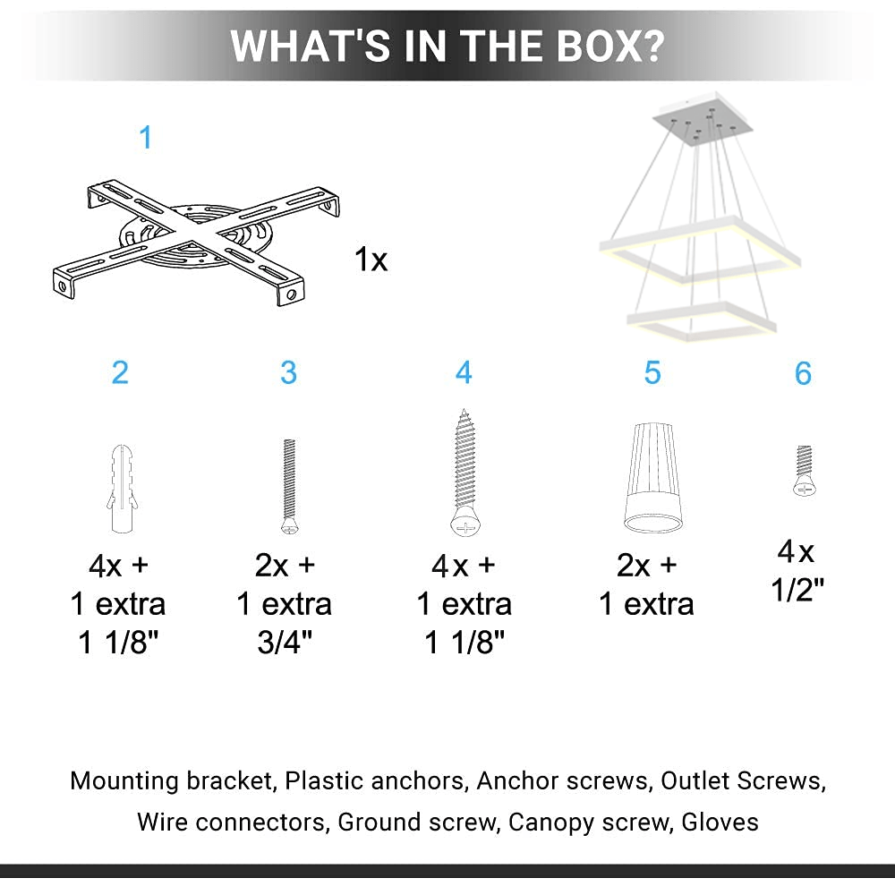 Modern Two-Tier Square Chandelier Lighting, 54W, 3000K, 3016LM, Dimension : 19.7''L×19.7''W×55''H