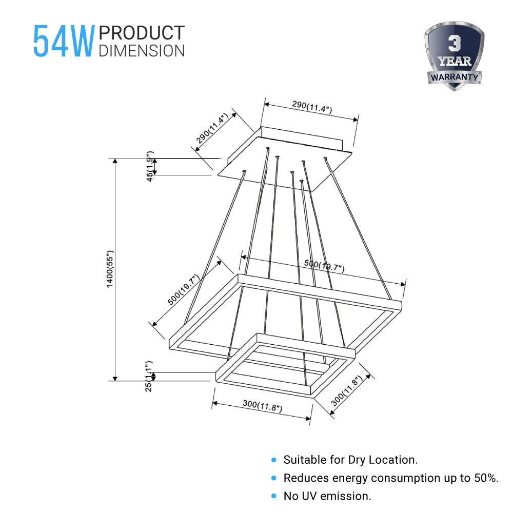 Modern Two-Tier Square Chandelier Lighting, 54W, 3000K, 3016LM, Dimension : 19.7''L×19.7''W×55''H