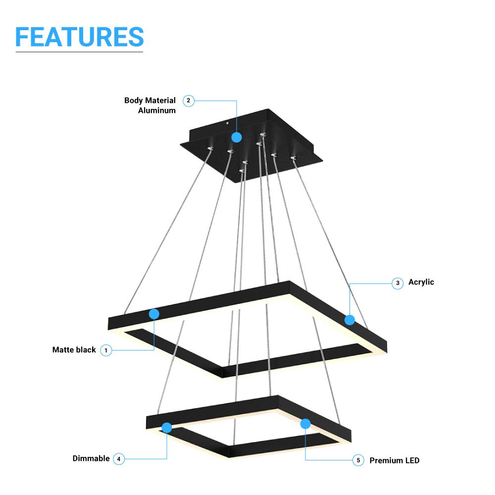 Modern Two-Tier Square Chandelier Lighting, 54W, 3000K, 3016LM, Dimension : 19.7''L×19.7''W×55''H