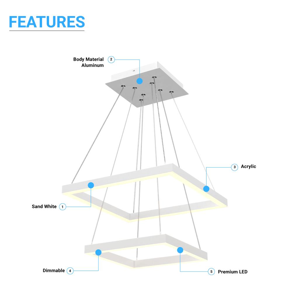 Modern Two-Tier Square Chandelier Lighting, 54W, 3000K, 3016LM, Dimension : 19.7''L×19.7''W×55''H