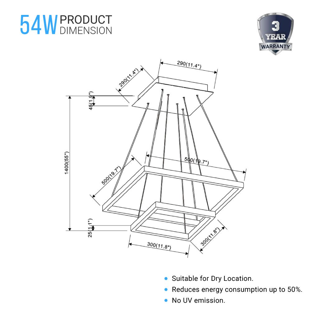 Modern Two-Tier Square Chandelier Lighting, 54W, 3000K, 3016LM, Dimension : 19.7''L×19.7''W×55''H