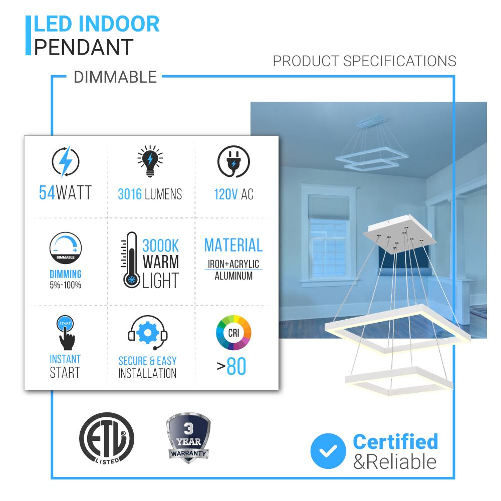 Modern Two-Tier Square Chandelier Lighting, 54W, 3000K, 3016LM, Dimension : 19.7''L×19.7''W×55''H