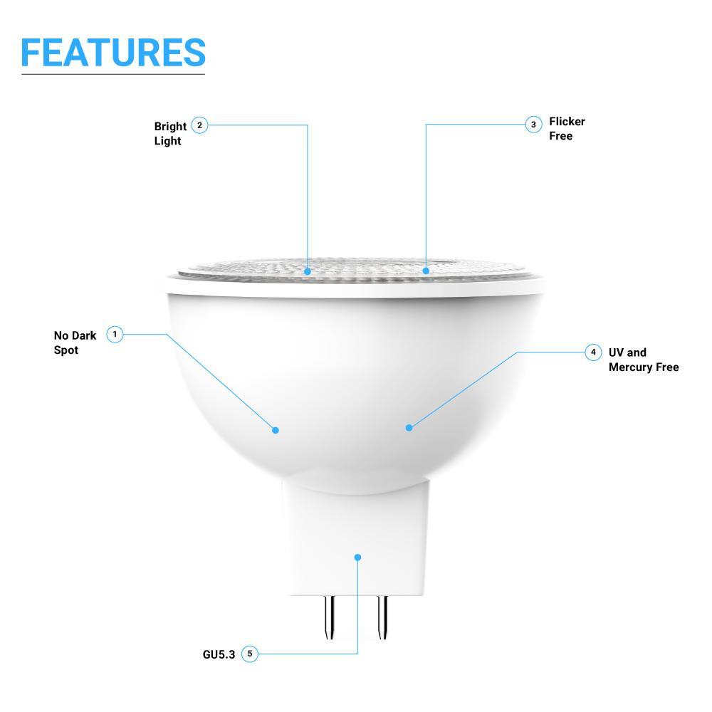 MR16 LED Light Bulbs 6.5W 5000K 500 Lumens Dimmable 120V Damp Location Spotlight Light Bulb