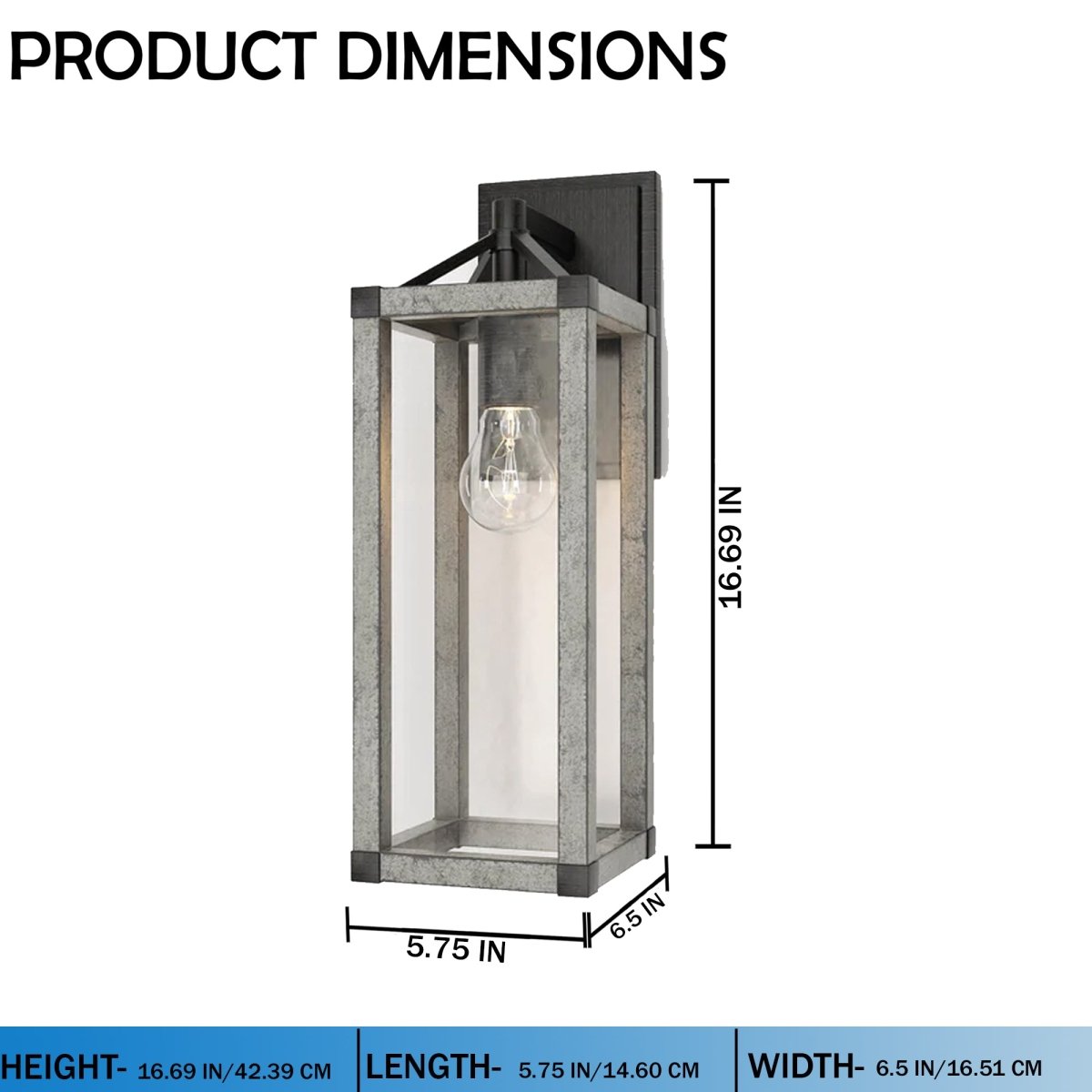 Outdoor 16.5" Wall Sconce, Black and White Washed Grey with Clear Glass Finish, E26 Socket, 1X60W, Wet Location Rated - 5.75"L x 6.5"W x 16.69"H