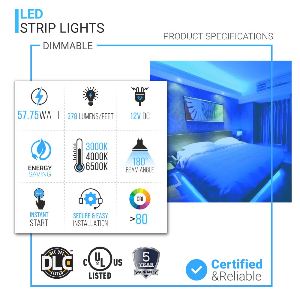 Outdoor LED Strip Lights Waterproof, IP65, 16.4ft Dimmable, 12V, SMD 5050, UL, RoHS Listed, LED Lights for Bedroom, Kitchen, Home Decoration