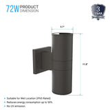 Outdoor LED Up and Down Wall Sconce, Cylinder Outside Lights, 2x36W, AC100- 277V, Double Side (White Light), Exterior Wall Lights