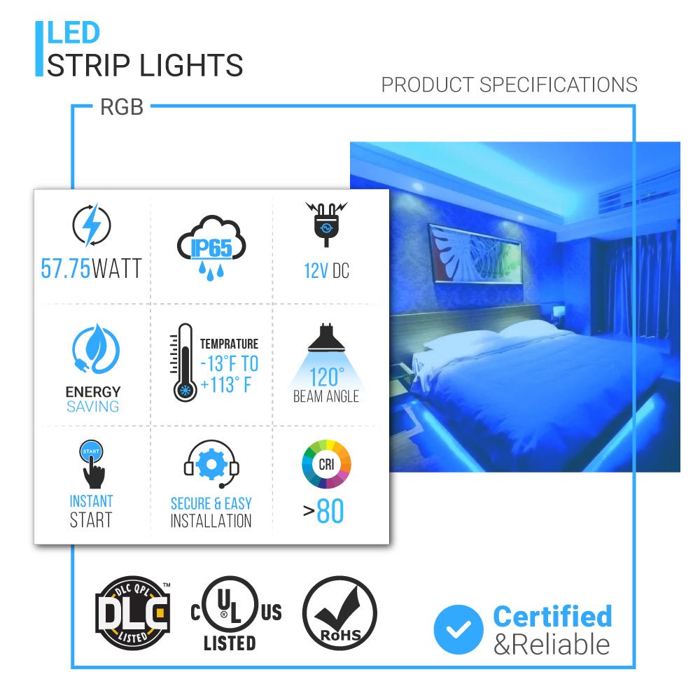 Outdoor Waterproof RGB LED Strip Lights, IP65 16.4ft, 12V, 1365LM, SMD 5050, 60 leds/Meter, UL, RoHS Listed, LED Lights for Bedroom, Kitchen, Home Decoration