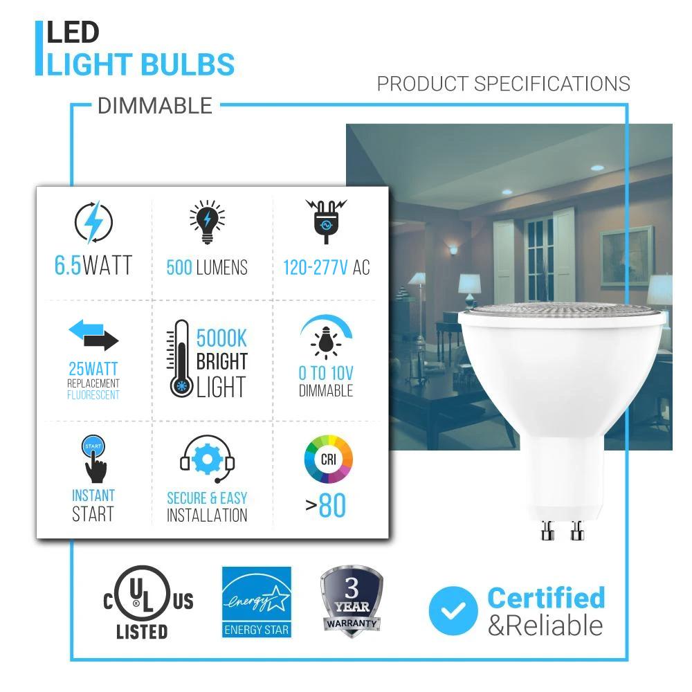 PAR16 LED Light Bulbs - 6.5 Watt GU10 base 5000K - 500Lumens, Dimmable