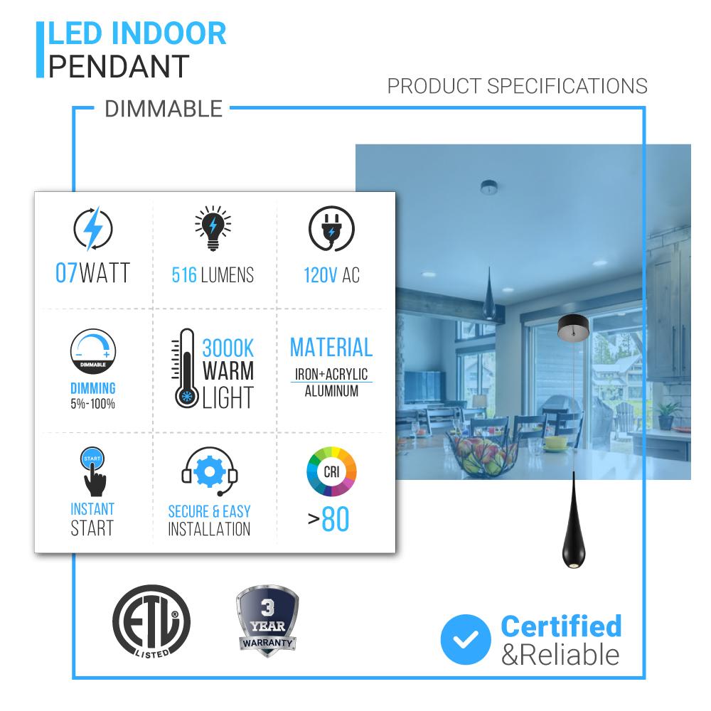 Pyramid Shaped Pendant Light, 7W, 3000K, 516LM, Dimmable, 1-Light