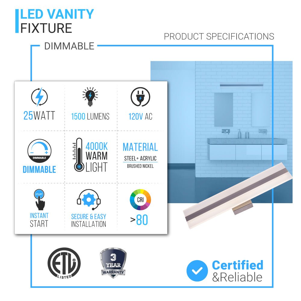 Rectangle Bathroom Light Fixtures, 24 Inch/36 Inch, 4000K (Cool White), Dimmable, ETL Listed, Bathroom Vanity Lighting