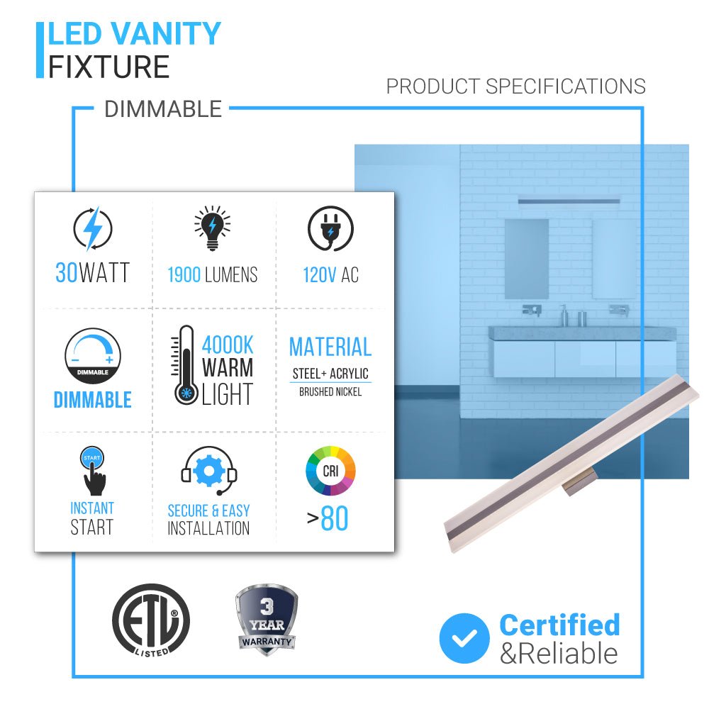Rectangle Bathroom Light Fixtures, 24 Inch/36 Inch, 4000K (Cool White), Dimmable, ETL Listed, Bathroom Vanity Lighting