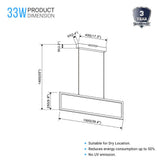 Rectangular Chandelier LED For Office Kitchen Dining Room, 33W, 3000K, 1650LM, LED Pendant Lighting with Matte Black Body Finish, Dimmable, 1-Light